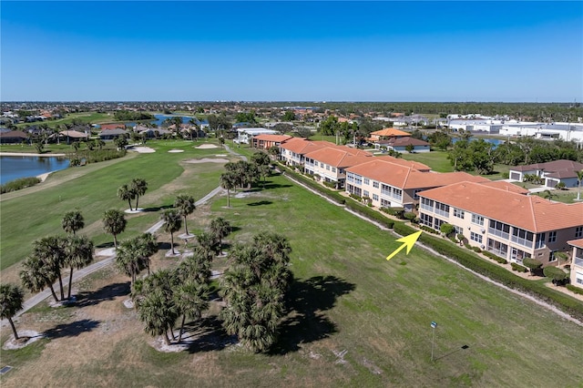 aerial view featuring a water view and a residential view