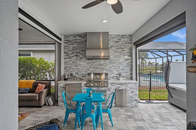 view of patio with glass enclosure, grilling area, ceiling fan, an outdoor hangout area, and area for grilling