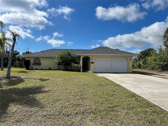 single story home with roof with shingles, stucco siding, a garage, driveway, and a front lawn