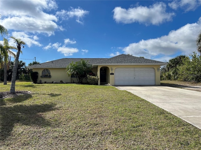 ranch-style house with a garage, driveway, stucco siding, roof with shingles, and a front yard