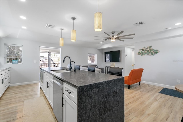 kitchen featuring white cabinets, stainless steel appliances, sink, and a kitchen island with sink