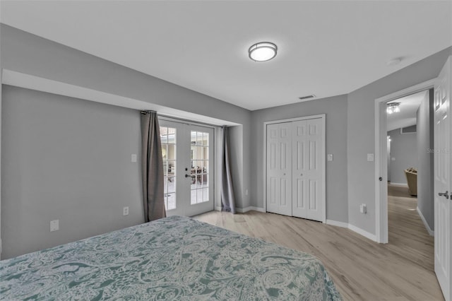 bedroom with baseboards, visible vents, access to exterior, french doors, and light wood-style floors