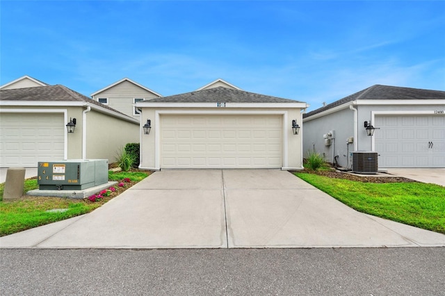 ranch-style house with central air condition unit, roof with shingles, and stucco siding