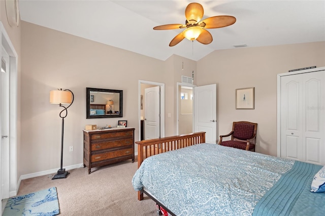 bedroom with light carpet, a ceiling fan, baseboards, vaulted ceiling, and a closet