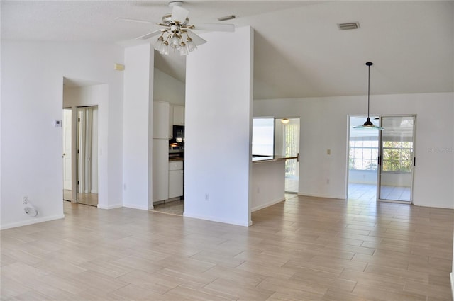 unfurnished living room featuring high vaulted ceiling, visible vents, baseboards, light wood-style floors, and a ceiling fan