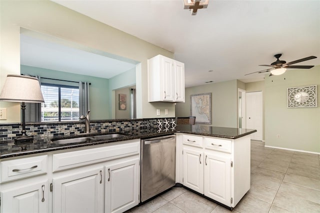 kitchen with white cabinets, dishwasher, a peninsula, and a sink