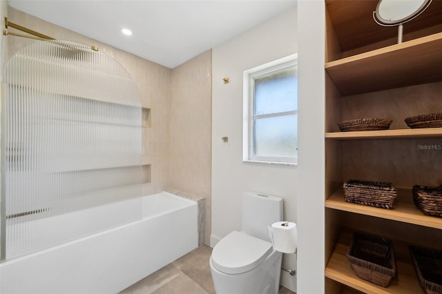 full bath with toilet, shower / bathing tub combination, and recessed lighting