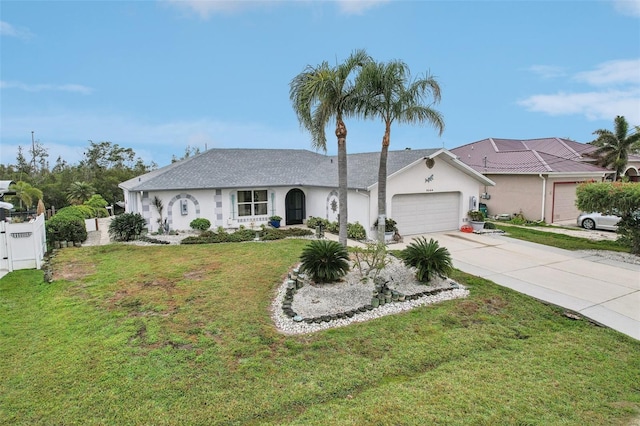 ranch-style house featuring stucco siding, an attached garage, fence, driveway, and a front lawn