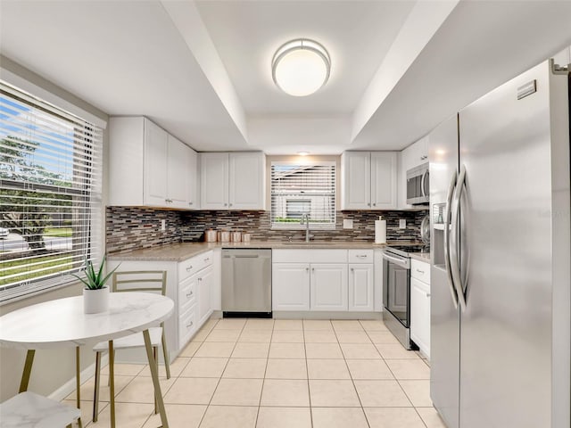 kitchen featuring stainless steel appliances, a sink, white cabinets, a tray ceiling, and tasteful backsplash