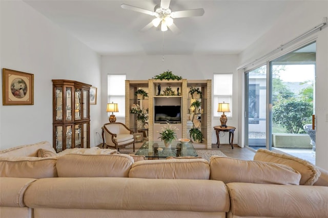 living room featuring ceiling fan