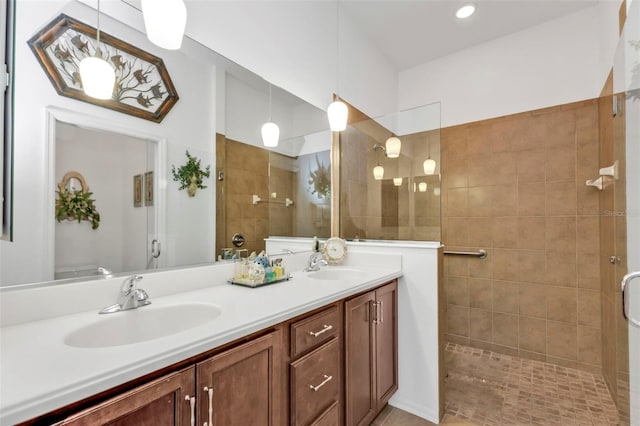 bathroom featuring double vanity, a sink, and walk in shower