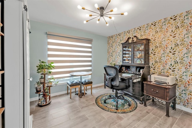 21287 Gertrude Ave Unit 106, Port Charlotte, FL 33952 - office area featuring wallpapered walls, baseboards, a notable chandelier, and wood finish floors