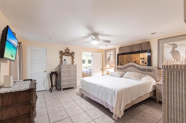 bedroom featuring ceiling fan and light tile patterned floors