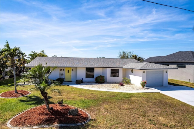 ranch-style home with driveway, a garage, a front lawn, and stucco siding
