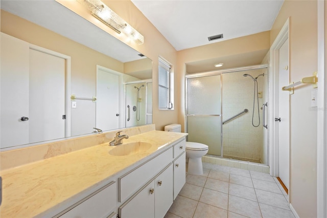 bathroom featuring tile patterned flooring, toilet, visible vents, vanity, and a shower stall