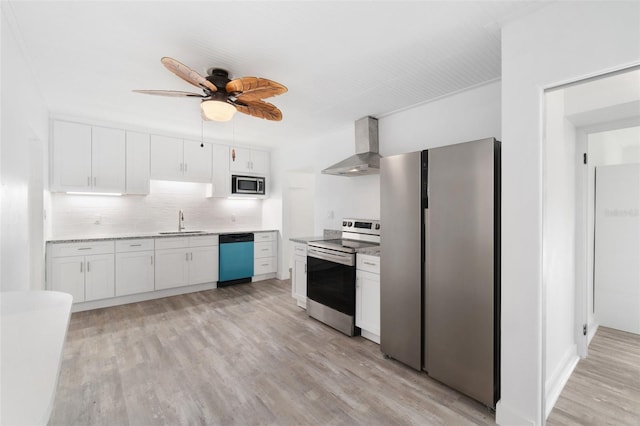23475 Harper Ave, Port Charlotte, FL 33980 - kitchen featuring stainless steel appliances, wall chimney range hood, a sink, ceiling fan, and light wood-style floors