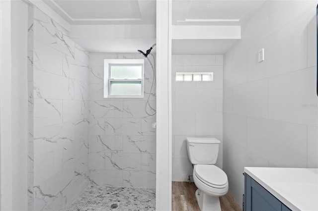 23475 Harper Ave, Port Charlotte, FL 33980 - bathroom featuring toilet, vanity, a marble finish shower, tile walls, and wood finished floors