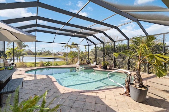 view of swimming pool with a patio, a water view, and a lanai