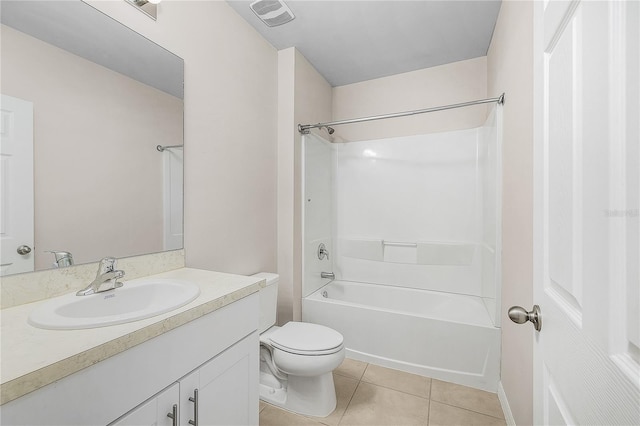 bathroom featuring visible vents, toilet, vanity,  shower combination, and tile patterned flooring