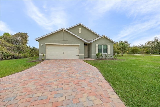 ranch-style house featuring a front lawn, decorative driveway, an attached garage, and stucco siding