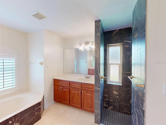 bathroom featuring a garden tub, plenty of natural light, visible vents, and vanity