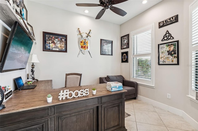 office area featuring light tile patterned floors, baseboards, a ceiling fan, and recessed lighting