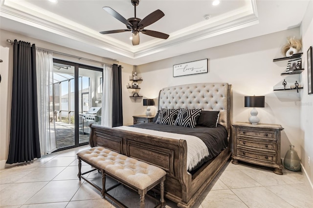 bedroom featuring light tile patterned floors, baseboards, access to exterior, ornamental molding, and a tray ceiling