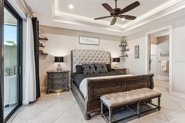 bedroom featuring baseboards, ornamental molding, a raised ceiling, and light tile patterned flooring