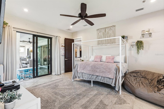 bedroom with light tile patterned floors, recessed lighting, a ceiling fan, visible vents, and access to exterior