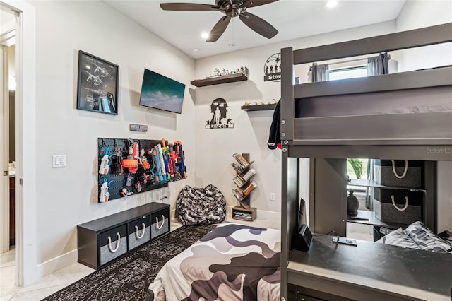 bedroom featuring recessed lighting, ceiling fan, baseboards, and light tile patterned floors