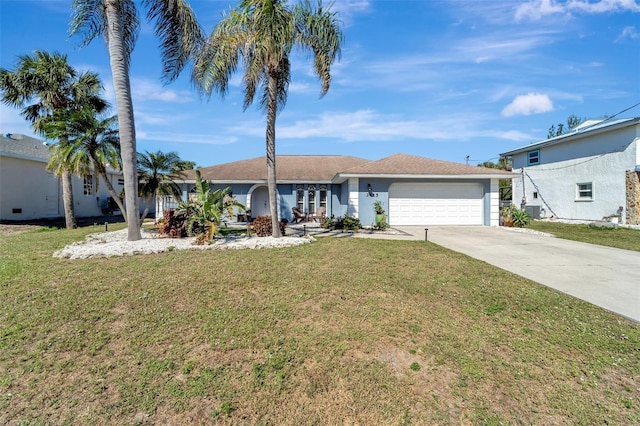 ranch-style home with a front lawn and a garage