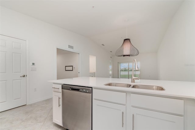 kitchen with lofted ceiling, a sink, visible vents, white cabinets, and dishwasher