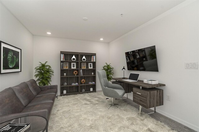 carpeted office featuring recessed lighting and baseboards