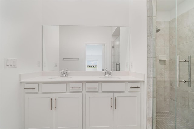 bathroom featuring double vanity, a stall shower, and a sink