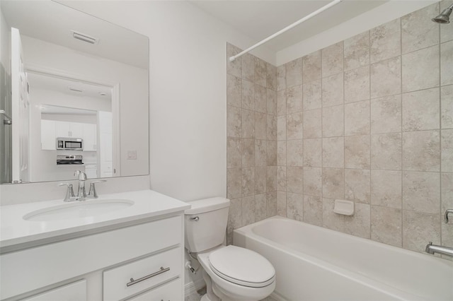 full bathroom with toilet, shower / bathtub combination, vanity, and visible vents