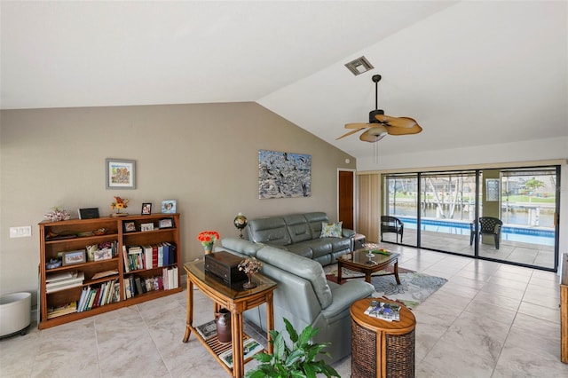 611 Bal Harbor Blvd, Punta Gorda, FL 33950 - living room featuring high vaulted ceiling, ceiling fan, and visible vents