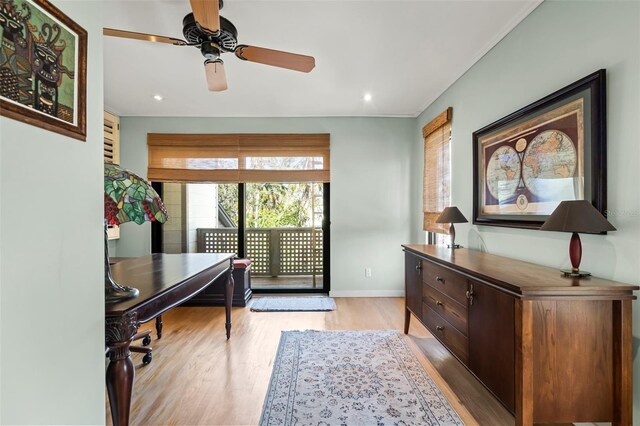 office with a ceiling fan, light wood-type flooring, baseboards, and recessed lighting