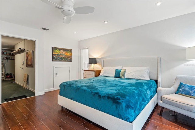 bedroom with wood finish floors, recessed lighting, visible vents, ceiling fan, and baseboards