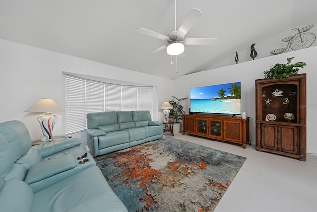 living room with lofted ceiling and ceiling fan