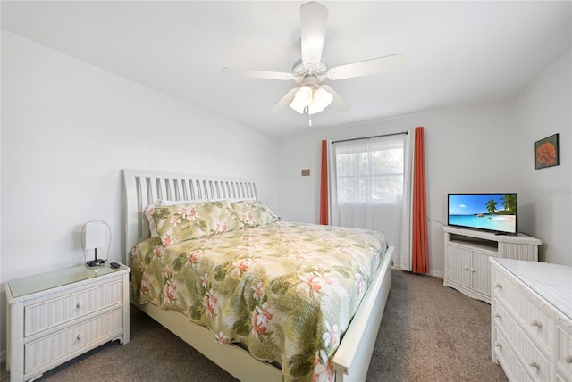 bedroom featuring ceiling fan and light colored carpet