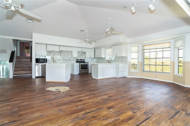 20 Palm Dr, Placida, FL 33946 - kitchen with stainless steel appliances, ceiling fan, open floor plan, light countertops, and high vaulted ceiling