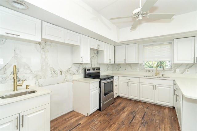 20 Palm Dr, Placida, FL 33946 - kitchen with stainless steel electric stove, a sink, decorative backsplash, and dark wood-style floors