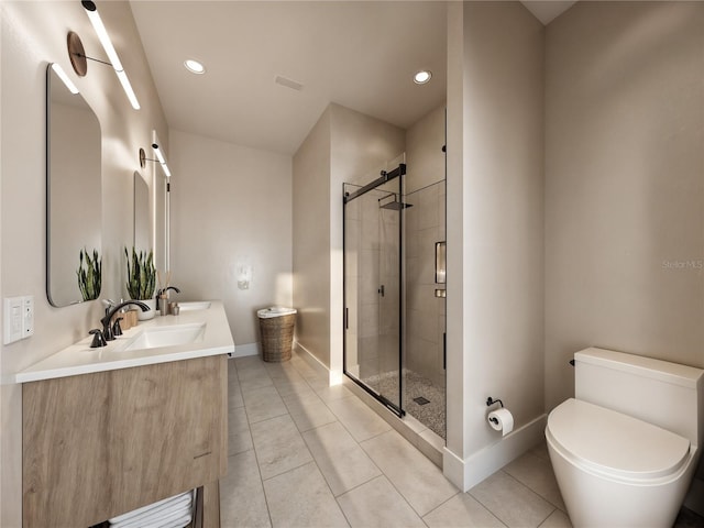 full bathroom with tile patterned floors, a stall shower, a sink, and baseboards