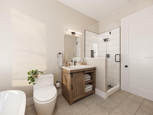 bathroom featuring toilet, a shower stall, tile patterned flooring, and vanity