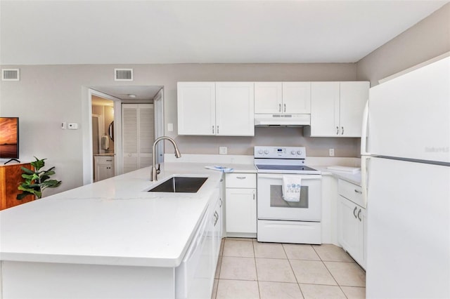 25100 Sandhill Blvd Unit R104, Punta Gorda, FL 33983 - kitchen featuring white appliances, a sink, under cabinet range hood, a peninsula, and white cabinetry