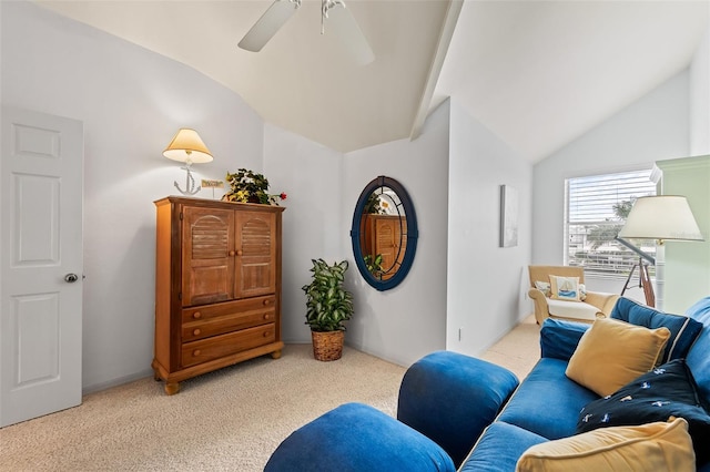 12130 Siesta Dr, Fort Myers Beach, FL 33931 - living area featuring lofted ceiling, ceiling fan, and light carpet