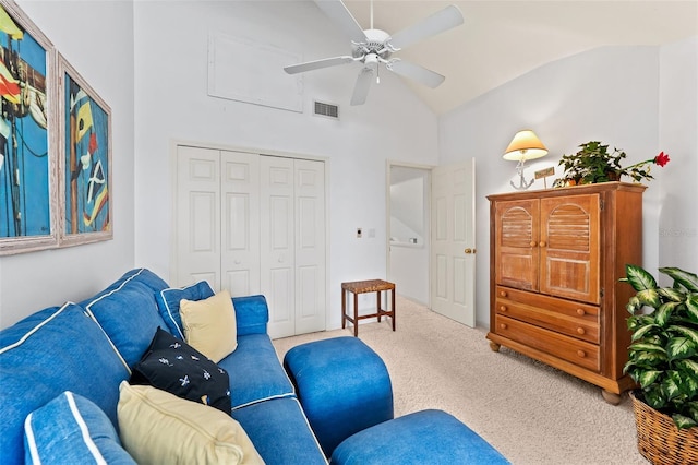 12130 Siesta Dr, Fort Myers Beach, FL 33931 - living area featuring high vaulted ceiling, carpet, visible vents, and ceiling fan