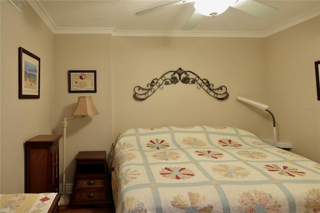 bedroom featuring a ceiling fan and crown molding