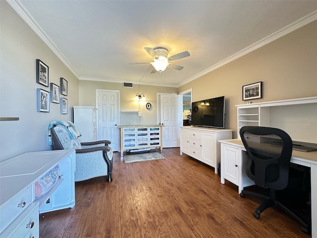 office area with ceiling fan, visible vents, dark wood-type flooring, and ornamental molding