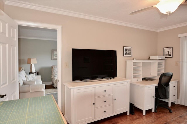 office with crown molding, a ceiling fan, and wood finished floors